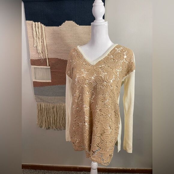 Chico’s Ivory Beautiful Crochet V Neck Cotton Sweater size S - Picture 2 of 5